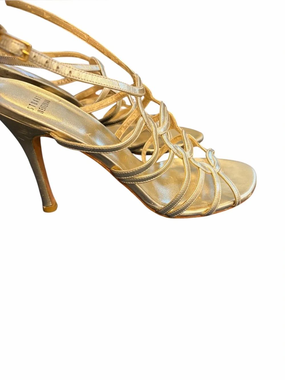 Stuart Weitzman Metallic Gold Multi-Strap stiletto Sandals with ankle wrap